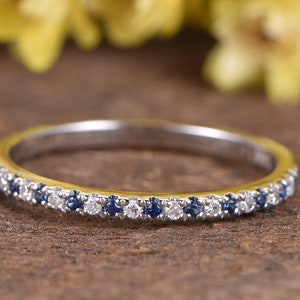 Sapphire Diamond Wedding Band Half Eternity Stackable Ring Matching Band Anniversary Ring 14K White Gold Promise Ring