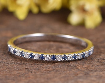 Sapphire Diamond Wedding Band, 14K White Gold Half Eternity Ring