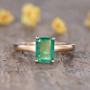 Natural Emerald Engagement Ring,Green Gemstone,Emerald Jewelry,Emerald Cut Solitaire Ring,14K Solid Gold May Birthstone Ring