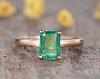 Natural Emerald Engagement Ring,Green Gemstone,Emerald Jewelry,Emerald Cut Solitaire Ring,14K Solid Gold May Birthstone Ring
