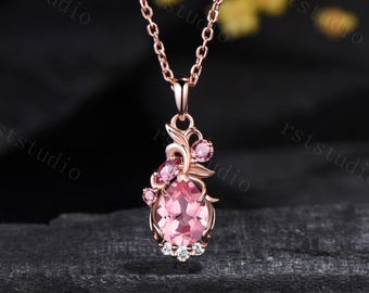 Vintage Padparadscha Sapphire Necklace, Floral Filigree Pink Tourmaline Pendant, 14K Rose Gold Personalized Anniversary Jewelry Gift Women