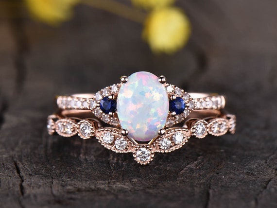 0.75ct Vintage Fire Opal Engagement Ring 14K Rose Gold Blue