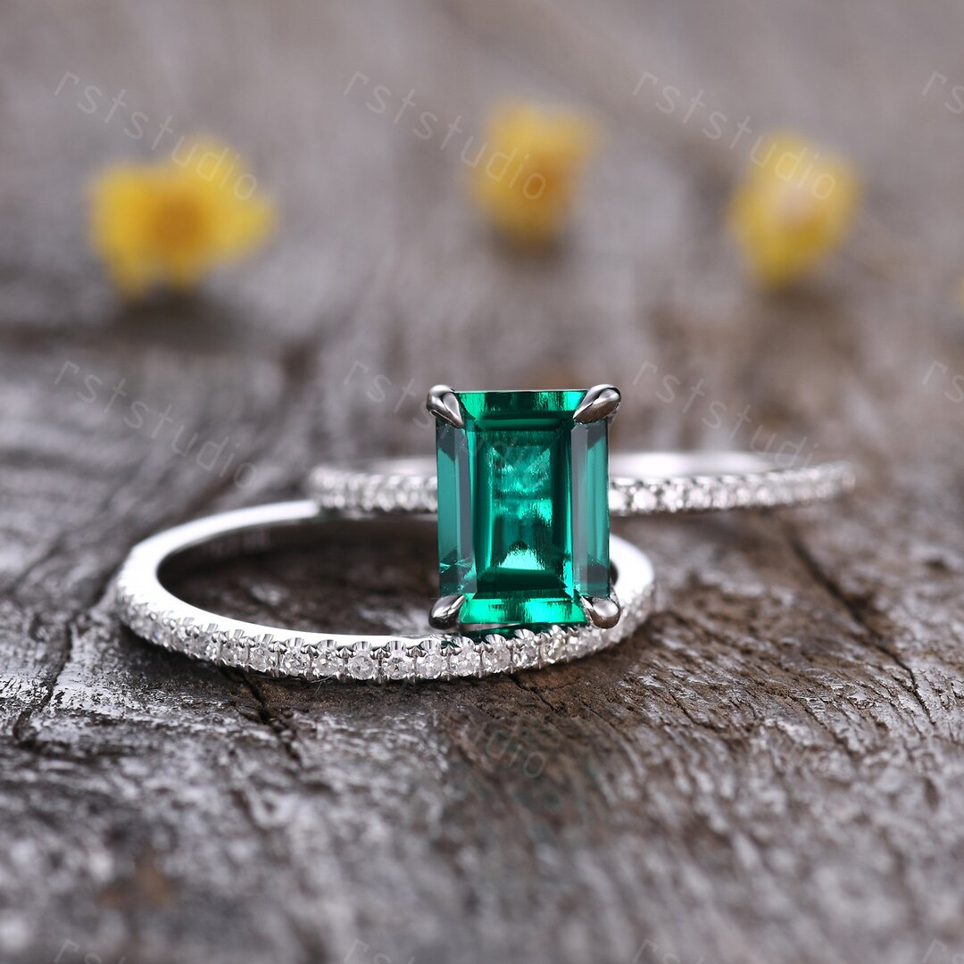Emerald Cut Green Emerald Ring Set: 14K White Gold Diamond Wedding Band