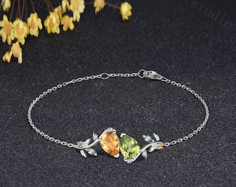 Toi et Moi Citrine and Peridot Bracelet Pear Shaped Nature Inspired Marquise Moss Agate Leaf Vine Chain Bracelet for Daughter
