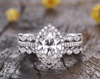 Marquise Moissanite Engagement Ring Set: Diamond Wedding Band, 14k White Gold