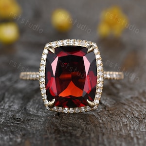 Cushion Cut Garnet Engagement Ring: Diamond Halo, 14k Rose Gold