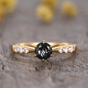 Black Rutilated Quartz Engagement Ring,Vintage art deco diamond wedding band,Solitaire quartz ring, anniversary gifts black gemstone