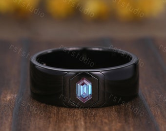 Mens Gothic Black Gold Ring: Hexagon Alexandrite Color-Change Wedding Band