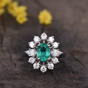 Natural Emerald Engagement Ring,Vintage Emerald Ring Antique Halo Diamond Ring,14K White Gold Cluster Ring  Promise Anniverary Gifts