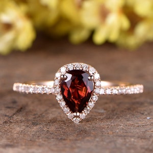 Pear Cut Garnet Engagement Ring Rose Gold Diamond Wedding Band Tear Drop Garnet Ring Promise Ring Garnet Jewelry Promise rings For Women