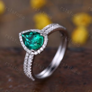 1.3ct Emerald Engagement Ring Teardrop Emerald Ring Diamond Wedding Band Pear Shape Bridal Wedding Set Dainty Ring Birthstone Ring image 6