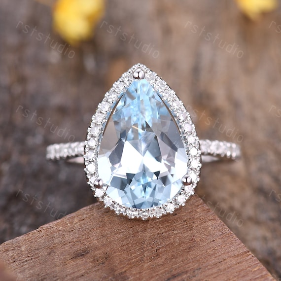 3ct Teardrop Aquamarine Engagement Ring: Diamond Band, 14K White