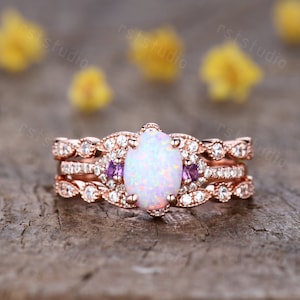 3 pcs Opal engagement ring set Amethyst Band art deco band,vintage Fire Opal Ring 14K Rose Gold Opal jewelry Anniversary Ring Gifts