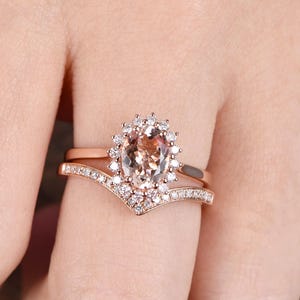 2pcs Morganite engagement ring set 14K rose gold,diamond ring floral HALO,curved band half eternity wedding ring set Morganite Jewelry Set image 5