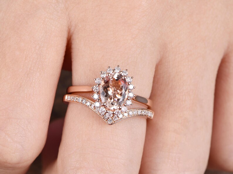 2pcs Morganite engagement ring set 14K rose gold,diamond ring floral HALO,curved band half eternity wedding ring set Morganite Jewelry Set image 5