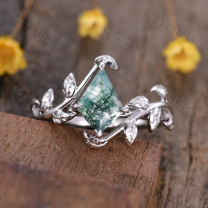 Unique Kite Cut Moss Agate Engagement Ring Sterling Silver Vintage Alexandrite Leaf Wedding Band Natural Green Agate Ring Promise Gift