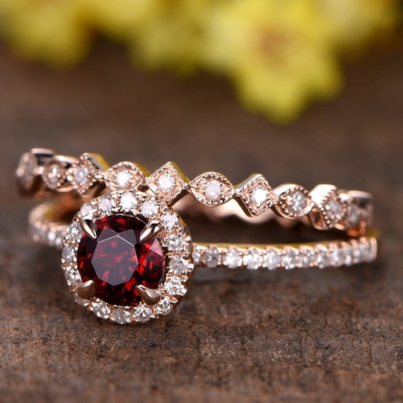 Garnet Engagement Ring Set Diamond Halo Art Deco Weddingband - Etsy