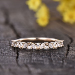 Antique Vintage Inspired Moissanite Wedding Band,Half Eternity Moissanite Ring,Unique Bridal Stacking Ring Anniversary Gift 14K Yellow Gold image 3
