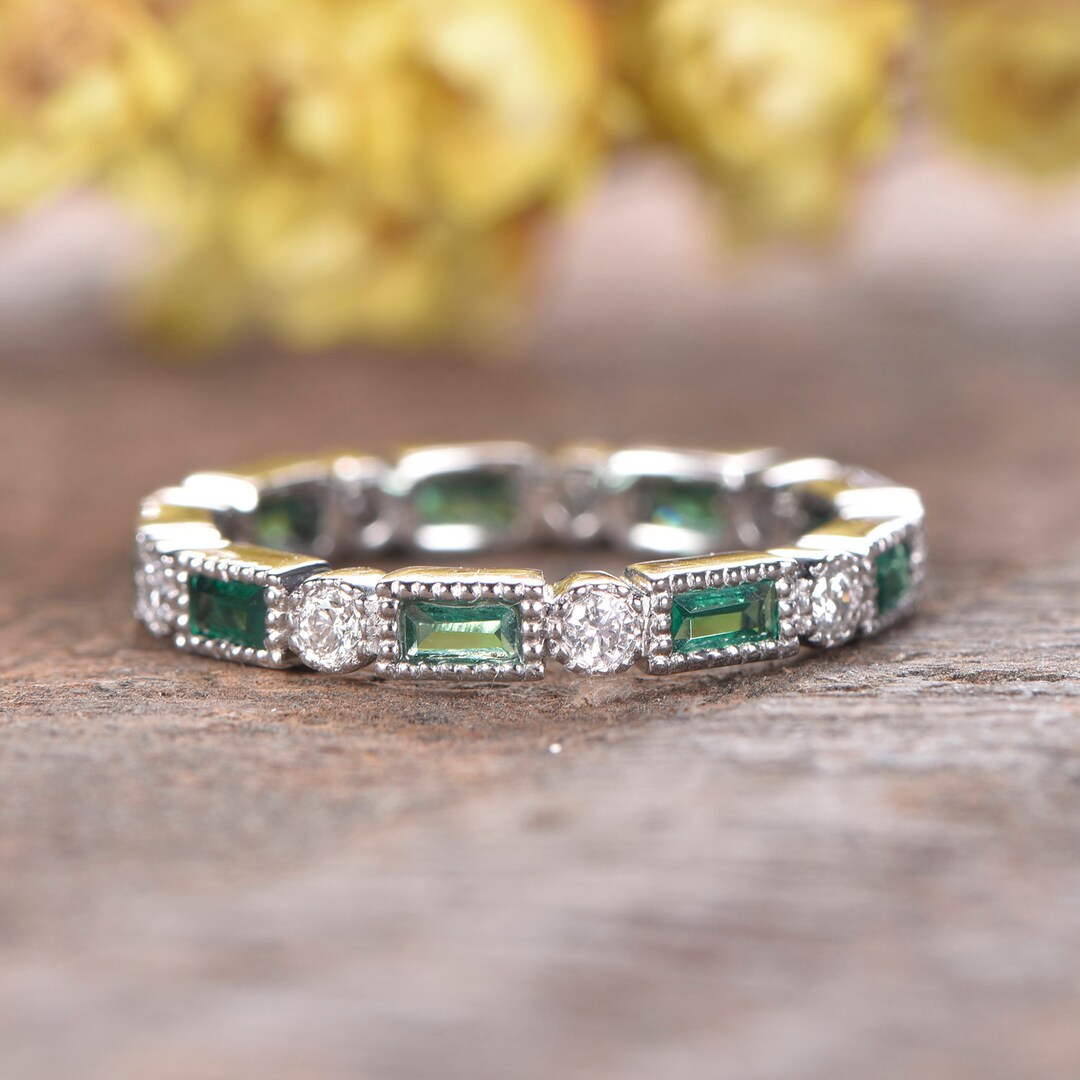 Art Deco Emerald Diamond Wedding Ring, 14K White Gold Milgrain Band - Etsy