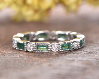 Emerald Wedding Band Full Eternity Diamond Wedding Ring Art Deco Stacking Ring 14K White Gold Milgrain Matching Band Anniversary Ring