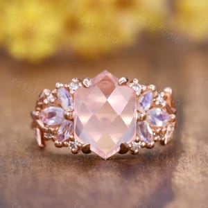 Unique Rose Quartz Engagement Ring Natural Pink Crystal Wedding Ring Marquise Moonstone Ring Cluster Diamond Ring Rose Gold Leaves Band Gift