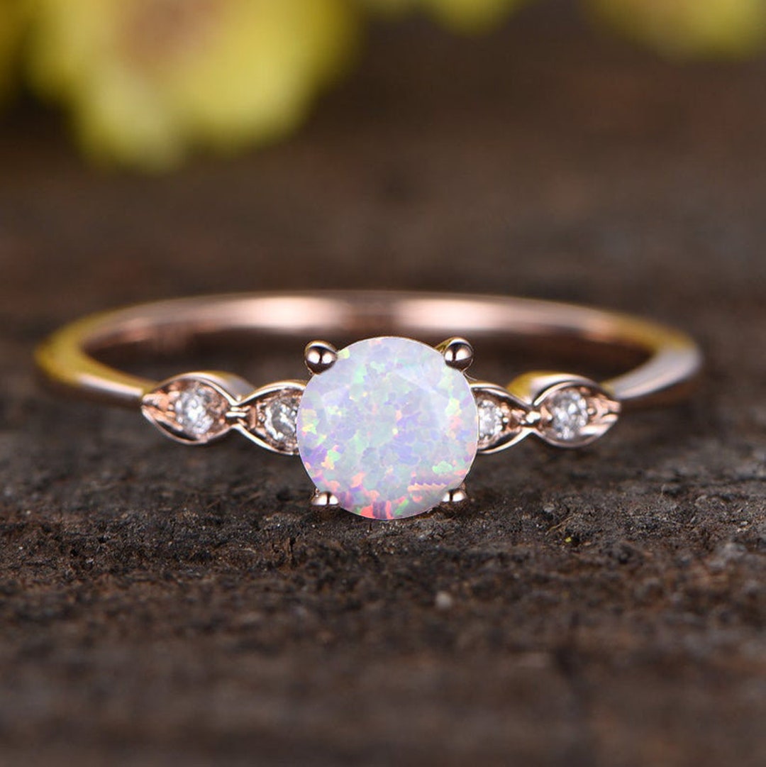 Opal Engagement Ring,unique Opal Ring,vintage Wedding Ring,rose Gold  Anniversary Jewelry,white Fire Opal Promise Ring