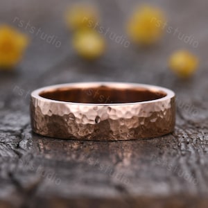 Hammered 14k Rose Gold Wedding Band: Antique Style Anniversary Ring