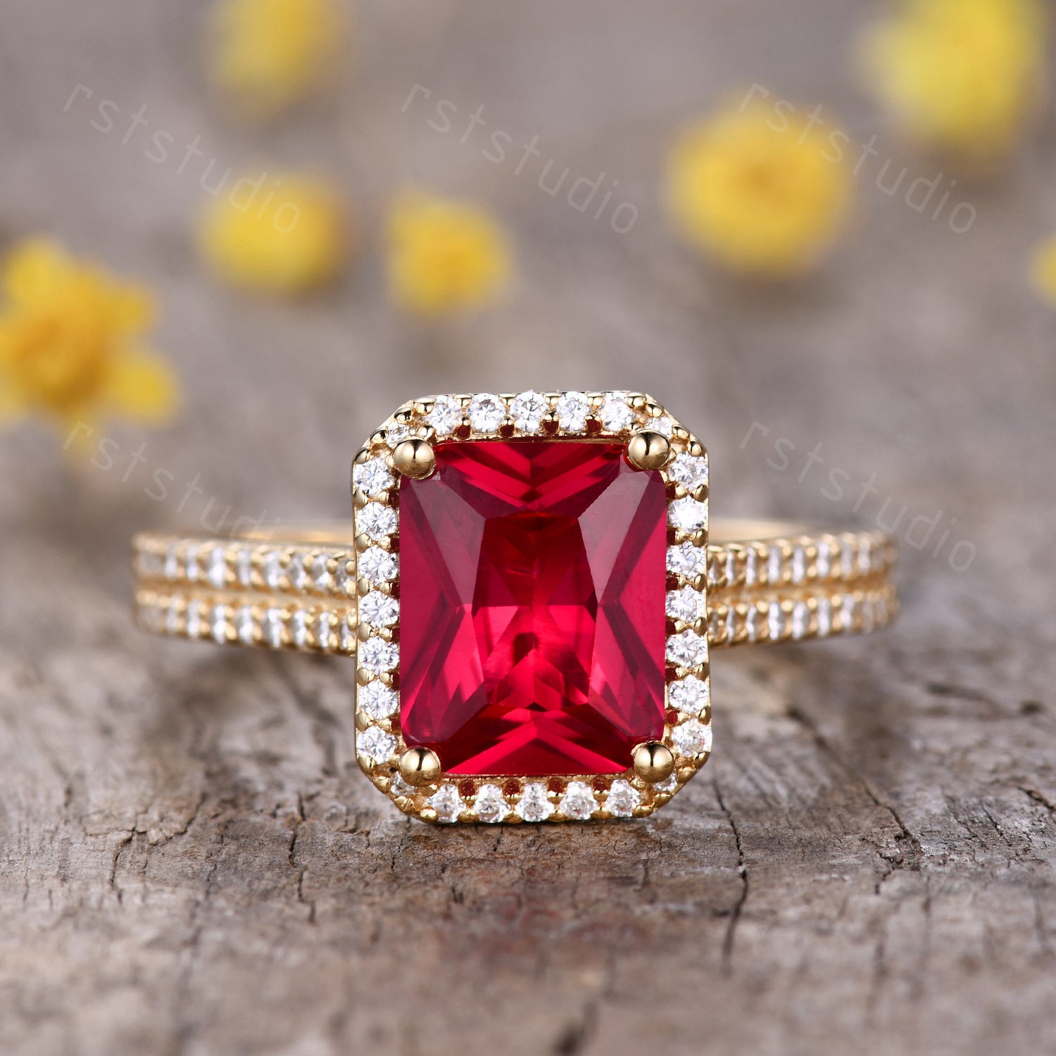 Vintage Red Ruby Engagement Ring Ruby Jewerly Diamond Wedding Band