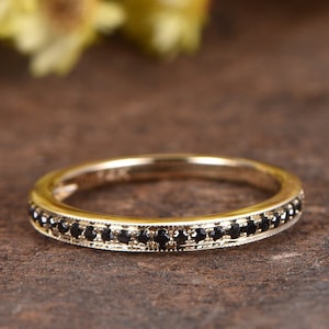 Stylish Black diamond wedding band,diamond ring,half eternity,Solid 14K yellow gold matching band Promise ring custom ring