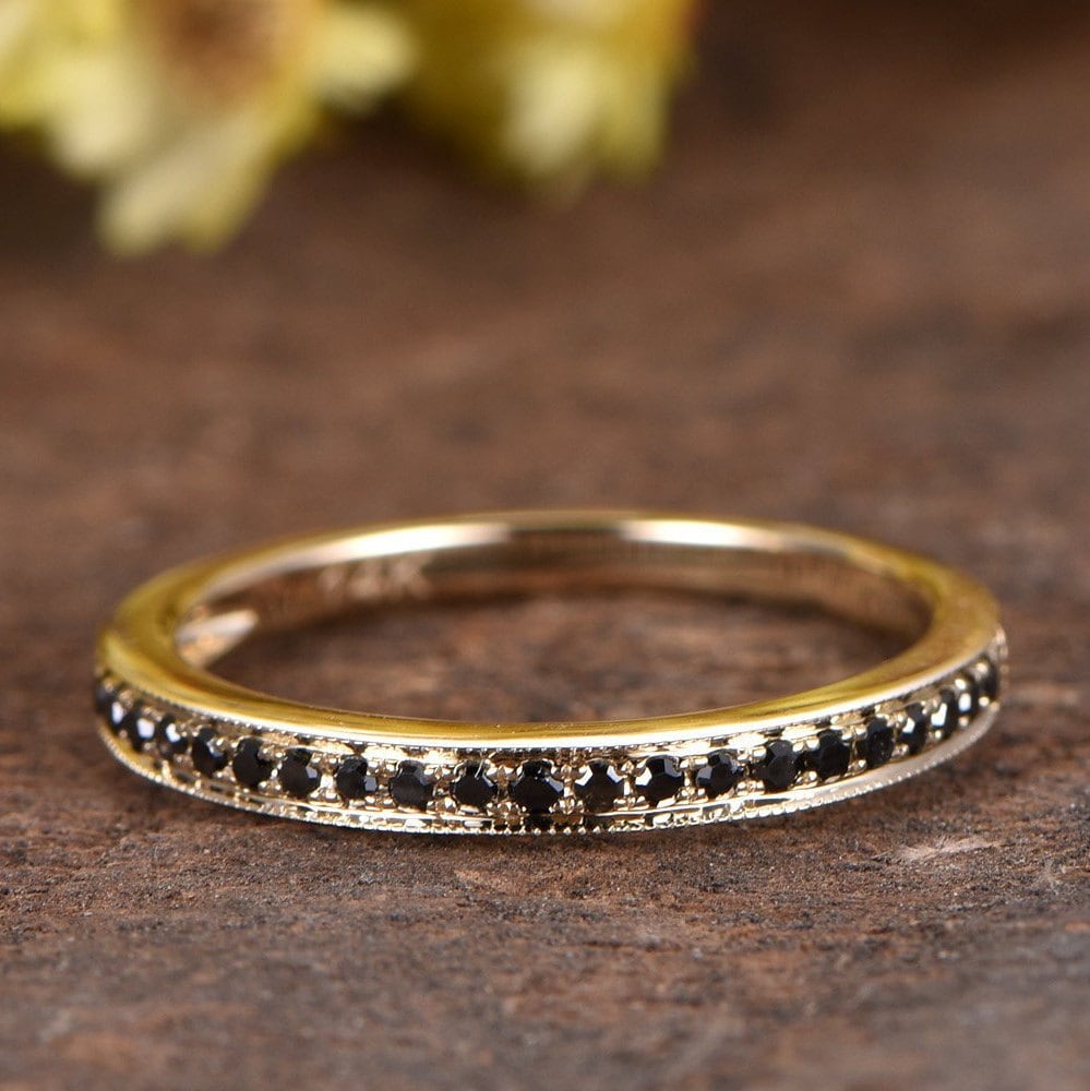 Black Diamond 14K Yellow Gold Wedding Band, Half Eternity Promise Ring ...