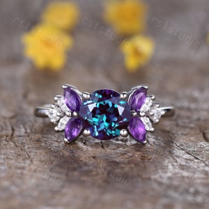 1.65ct Alexandrite Engagement Ring Alexandrite Amethyst Combo Ring Color-Change Alexandrite Ring Moissanite Band Vintage Alexandrite Jewelry