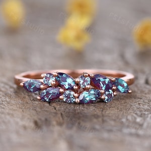 color changing alexandrite wedding band,marquise alexandrite matching band,vintage alexandrite cluster ring,June birthstone,14k rose gold