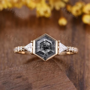 Dainty Hexagon Cut Salt And Pepper Diamond Engagement Ring,Triangle Moissanite Wedding Band,Unique Grey Diamond Ring,Bezel Setting Handmade
