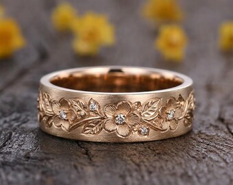 Anillo de oro macizo de 14k con diseño floral: alianza de boda para hombre inspirada en la naturaleza, acabado mate.