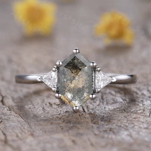 Unique Hexagon Salt and Pepper Diamond Engagement Ring 14K White Gold Retro Diamond Ring Triangle Moisanite Wedding Band Black Gemstone Ring
