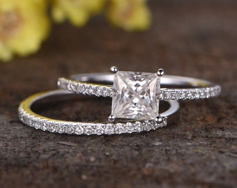 Anillo de compromiso de diamantes de corte princesa CVD de 1 ct - Alianza de boda de oro blanco de 14 quilates