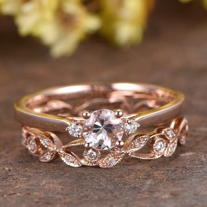 Art Deco Morganite Engagement Ring 3 Stone Ring Vintage Morganite Ring Floral Diamond Wedding Band Anniversary Gifts Birthstone Rings
