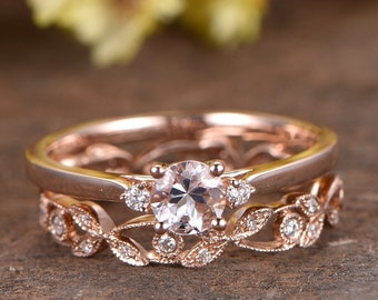 Art Deco Morganite Engagement Ring 3 Stone Ring Vintage Morganite Ring Floral Diamond Wedding Band Anniversary Gifts Birthstone Rings