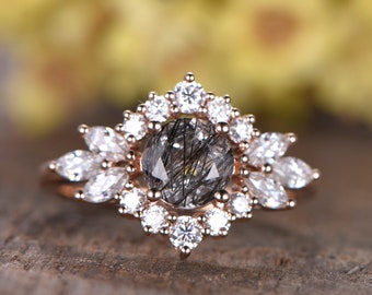 14K Rose Gold Black Rutilated Quartz Engagement Ring, Diamond Cluster