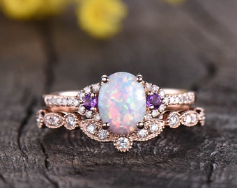 Opal engagement ring set Amethyst Band art deco band,vintage Fire Opal Ring 14K Rose Gold Opal jewelry Anniversary Ring Handmade Ring
