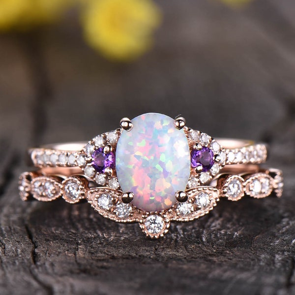 Opal engagement ring set Amethyst Band art deco band,vintage Fire Opal Ring 14K Rose Gold Opal jewelry Anniversary Ring Handmade Ring