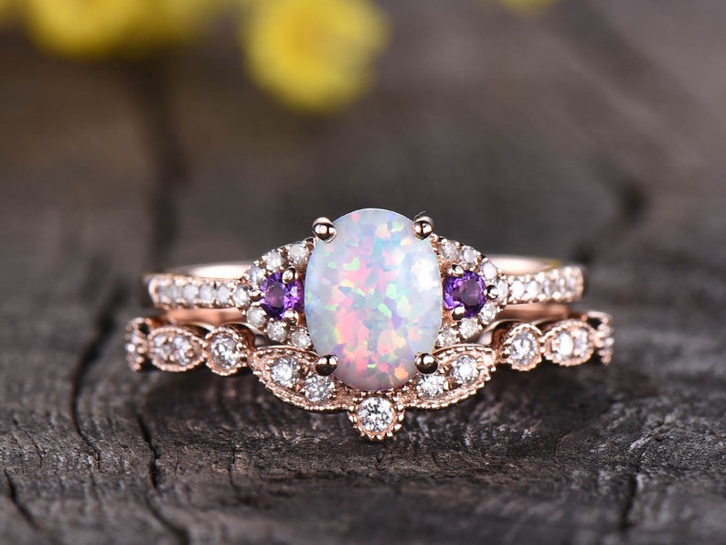 Opal engagement ring set Amethyst Band artdeco band,vintage Fire Opal Ring 14K Rose Gold Opal jewelry Anniversary Ring Handmade Ring 