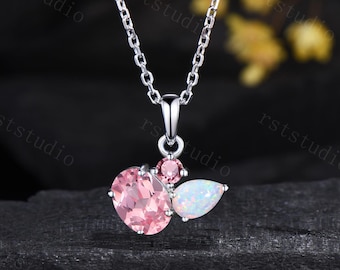 Elegant Padparadscha Sapphire Necklace, Floral Filigree Pink Tourmaline Opal Pendant, Unique Personalized Anniversary Jewelry Gift Women