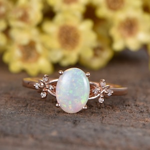 Oval Cut Natural Australia Fire Opal Engagement ring Art deco wedding band,diamond ring,solitaire ring 14K rose gold Opal Jewelry Birthstone