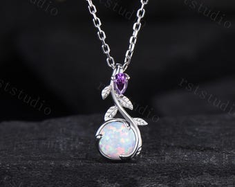 Dainty Fire White Opal Necklace Pendant, 5mm Round Cut Opal Moon Pendant, Leaf Vine Marquise Amethyst Natural Inspired Anniversary Gift