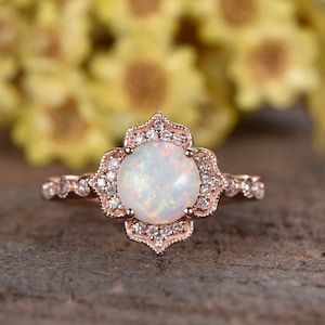 Vintage natural Australia opal ring antique fire opal engagement ring diamond halo ring,art deco band 14K rose gold promise women jewelry