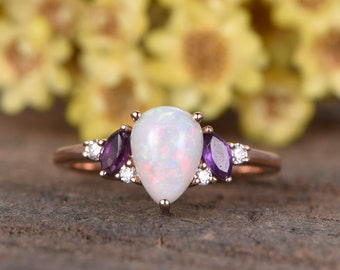 Pear Cut Australia Fire Opal Engagement ringAmethyst Ring Art deco wedding ring 14K rose gold Vintage Opal Jewelry Promise Ring