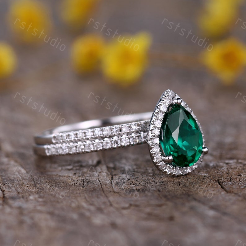1.3ct Emerald Engagement Ring Teardrop Emerald Ring Diamond Wedding Band Pear Shape Bridal Wedding Set Dainty Ring Birthstone Ring image 4