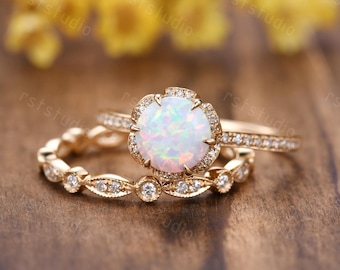 Gold Opal Engagement Ring Set, Diamond Halo, Art Deco Bridal Jewelry