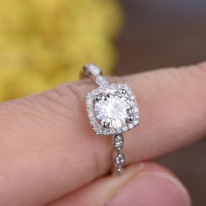 Moissanite Engagement Ring 14k White Gold Cushion Halo Marquise Art Deco Diamond Wedding Band 1CT Promise Bridal Ring Moissanite Jewelry image 5